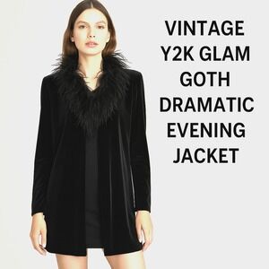 Patra‎ Black Velvet Feather Trim Coat Women's Sz Small Y2K Goth Glam Evening